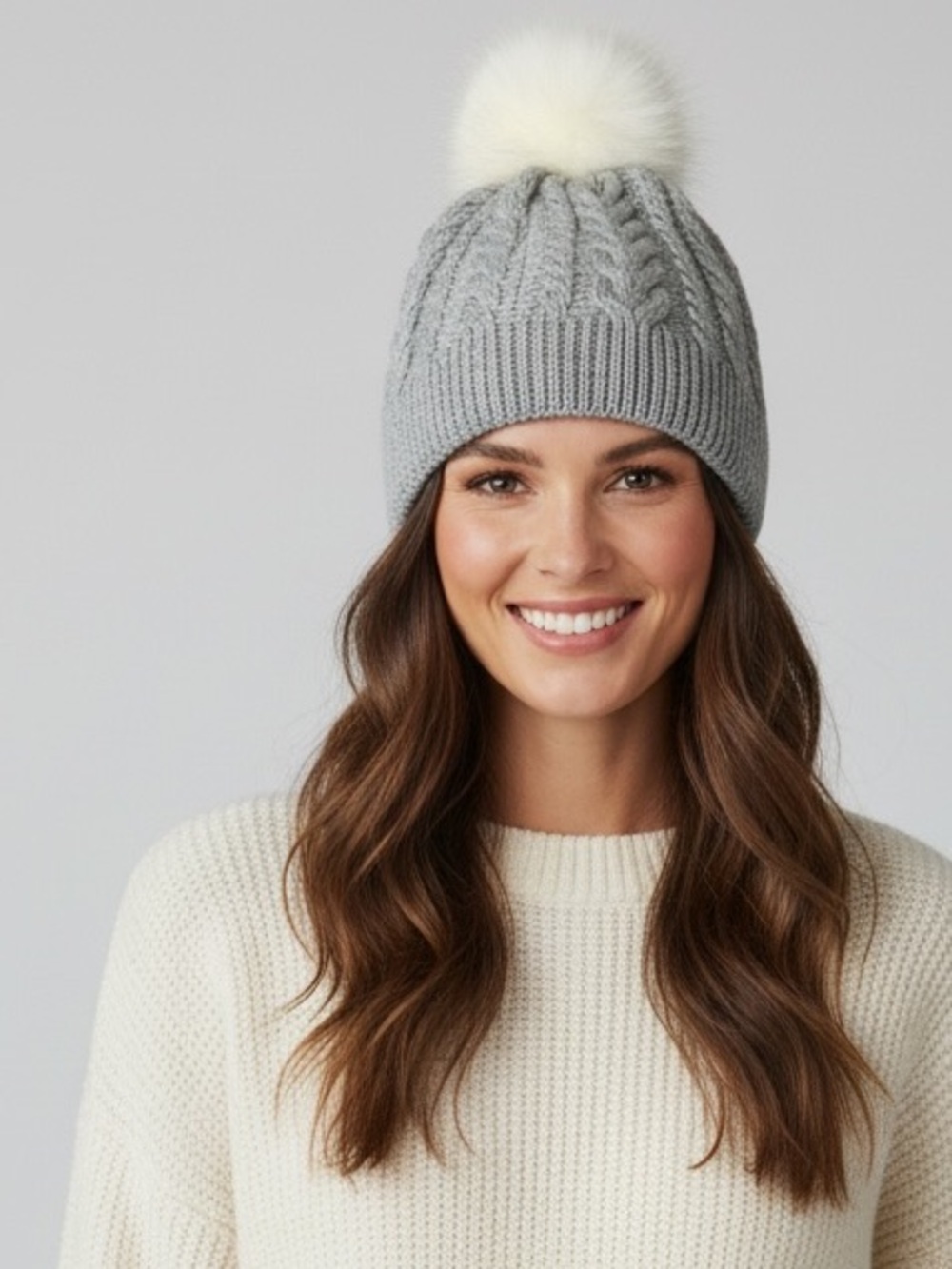 J. Crew Grey Cable Knit Beanie W/Pom OS